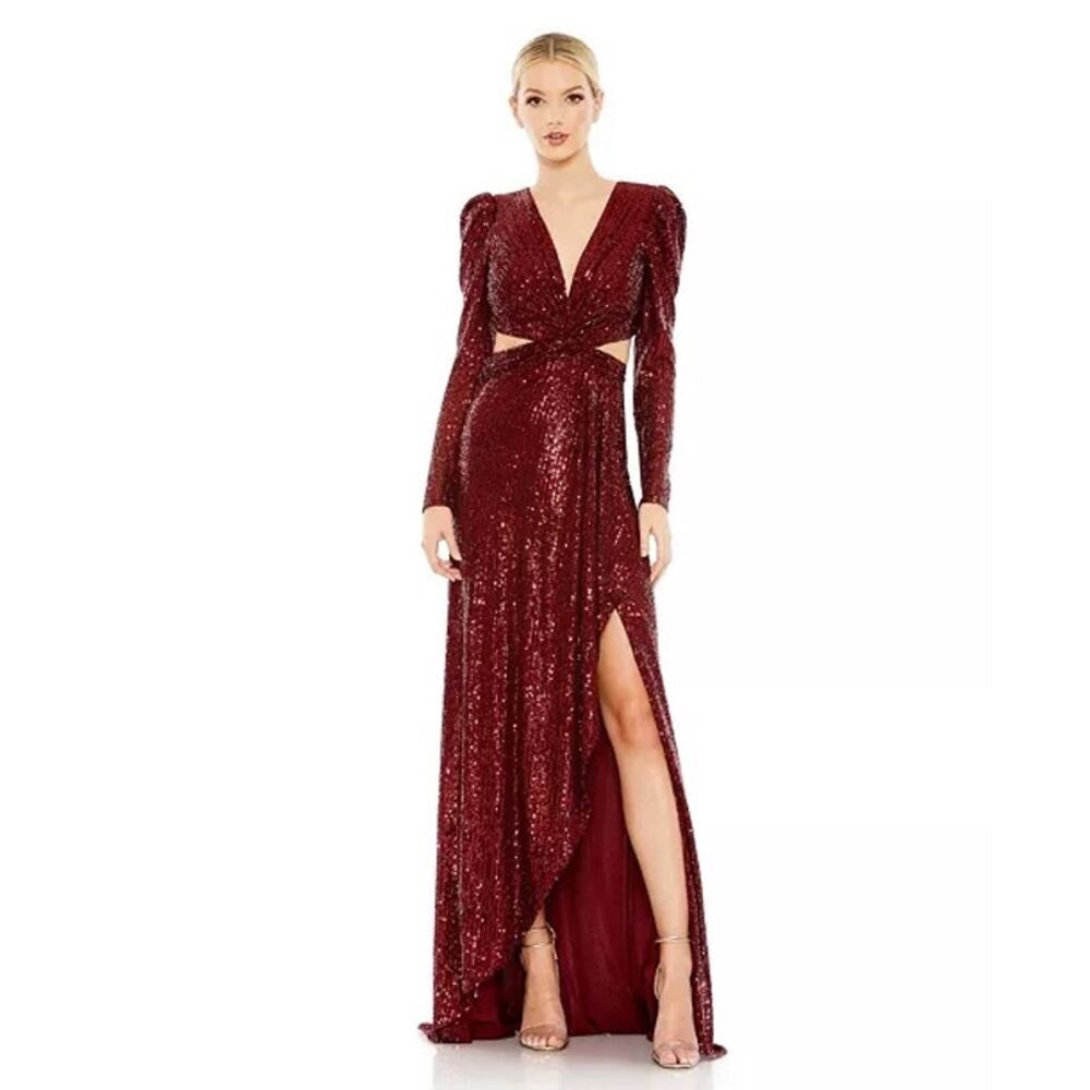 Mac Duggal Women's Ieena Sequined Wine Criss Cross Long Sleeve Gown
